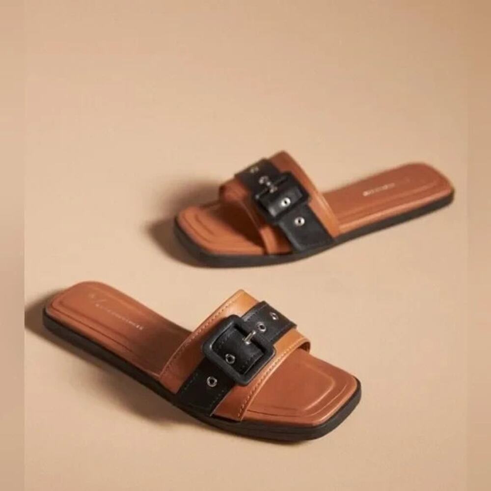 Anthropologie Buckle Slide Sandals Size 37 7 Slip On Brown Black Open Toe Anthro